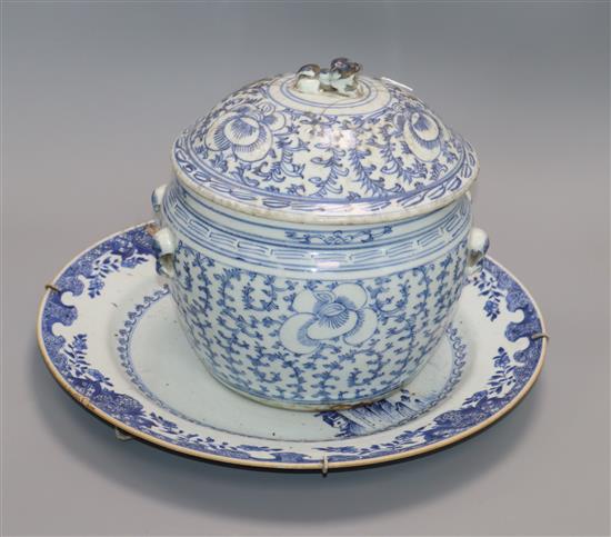 An 18th century Chinese blue and white charger and a 19th century Chinese blue and white soup bowl and cover charger diameter 35cm